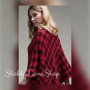 Buffalo plaid poncho with fringe- red
